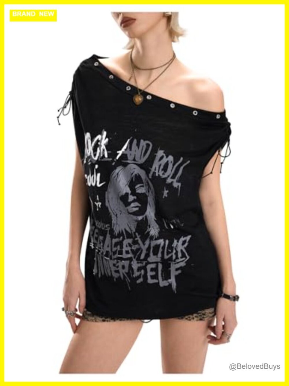 Women's Emo Grunge Graphic Off Shoulder Tee Y2k Alt Punk Top